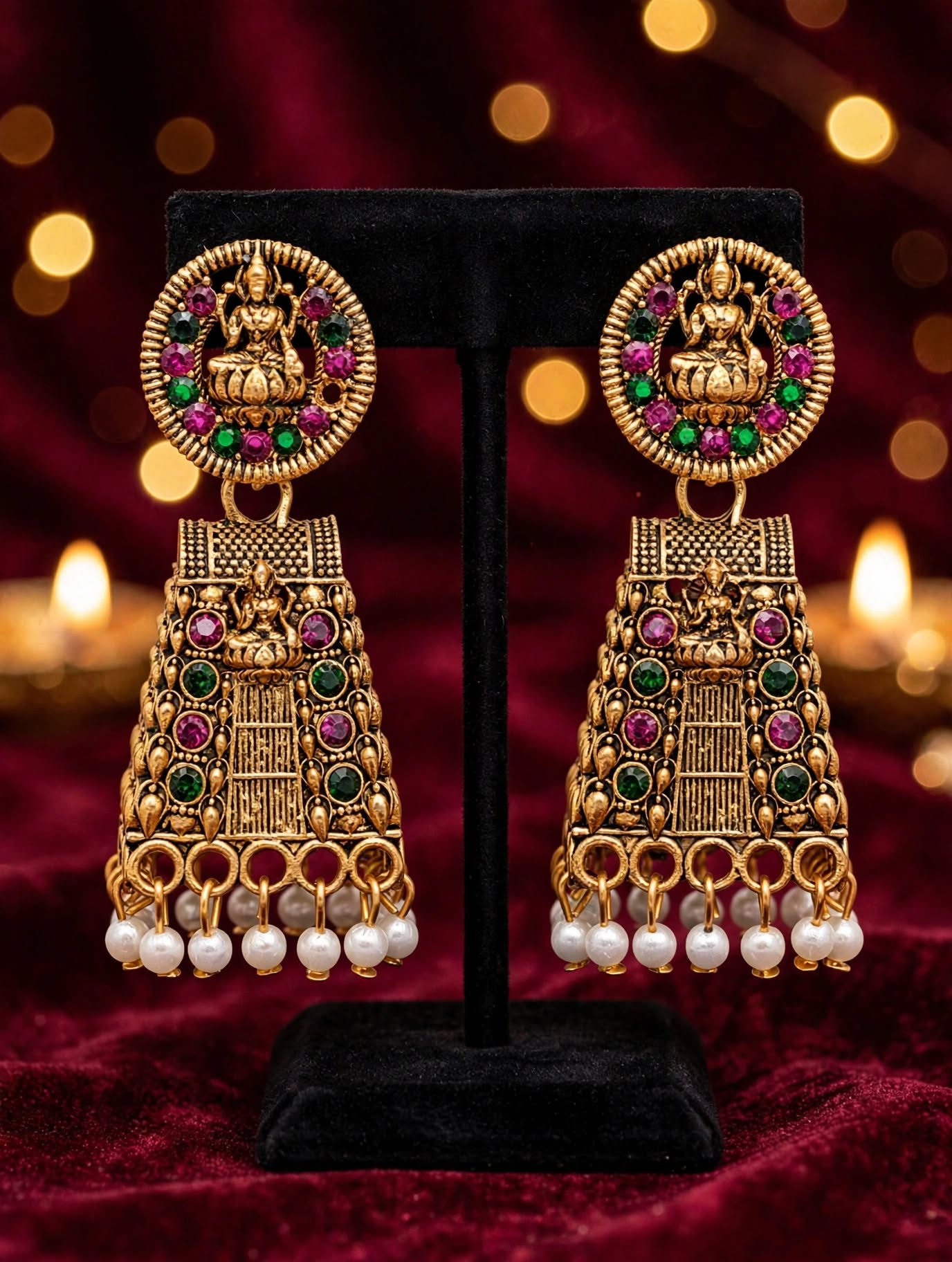 Temple Gopuram &  Lakshmi Design White Beads Hanging Earing