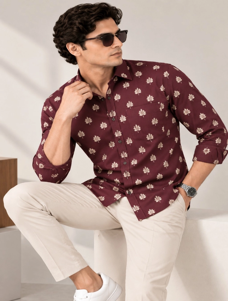 Dark Maroon Mens Premium Slim Fit Printed Shirt
