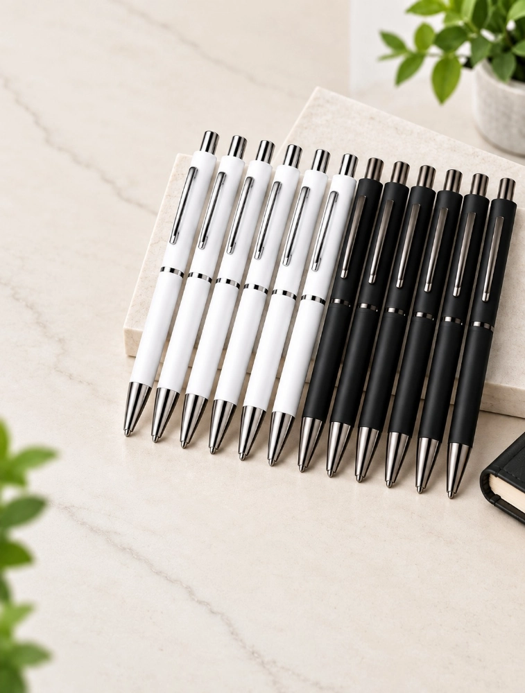 White and Black Premium Matte Metal Click Pen Pack of 12