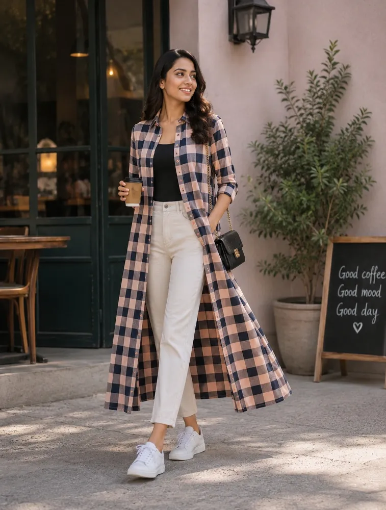 Peach Womens Checked Longline Shrug