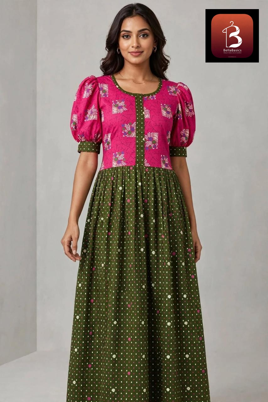 Women's Premium - Frock Nighty Withcentre  zip,Puff sleeve and Side Pocket   - Style 1