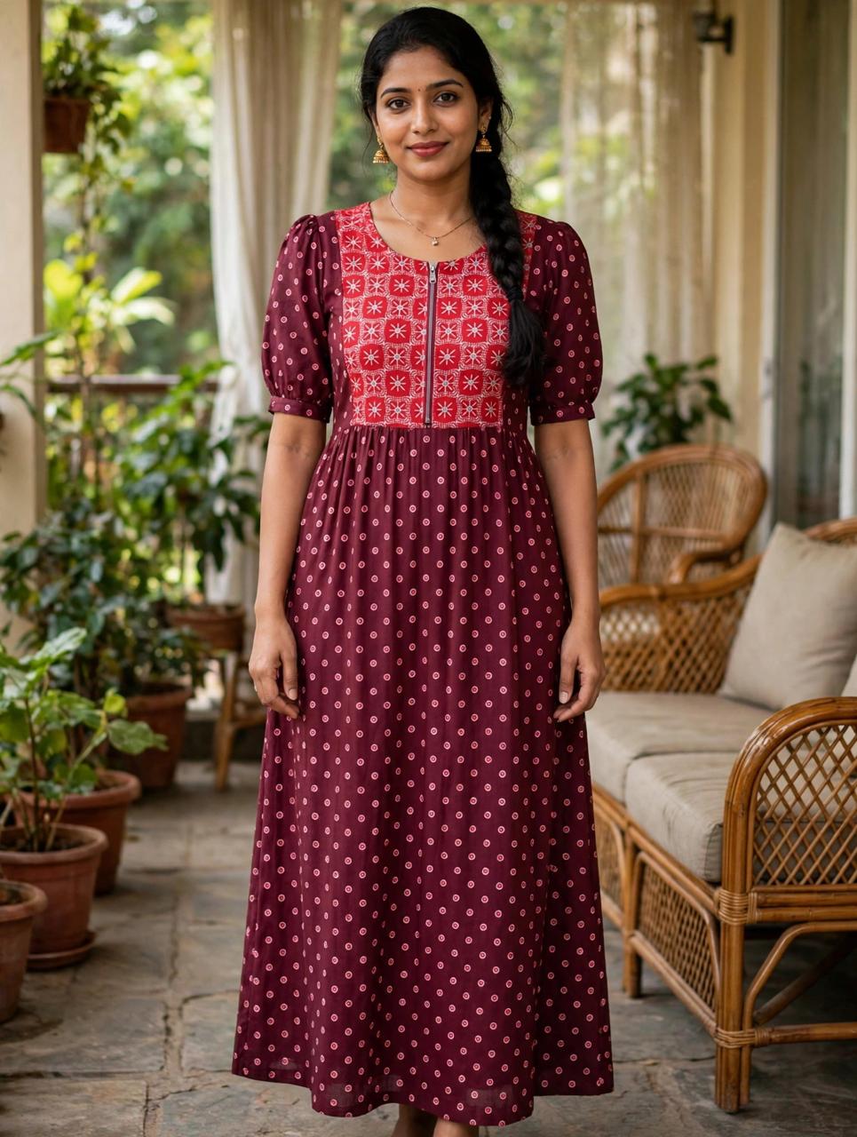 Women's Premium -Maxi nighty with puff sleeve and side pocket - Style 2