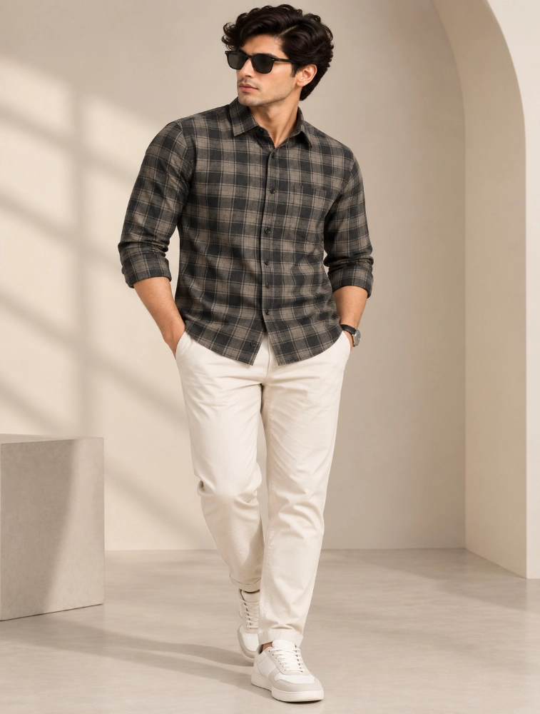 Grey Black  Mens Slim Fit Checks Casual Shirt