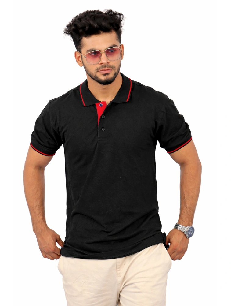 Black Cotton Polo Half Sleeve 240 GSM with Red Tipping