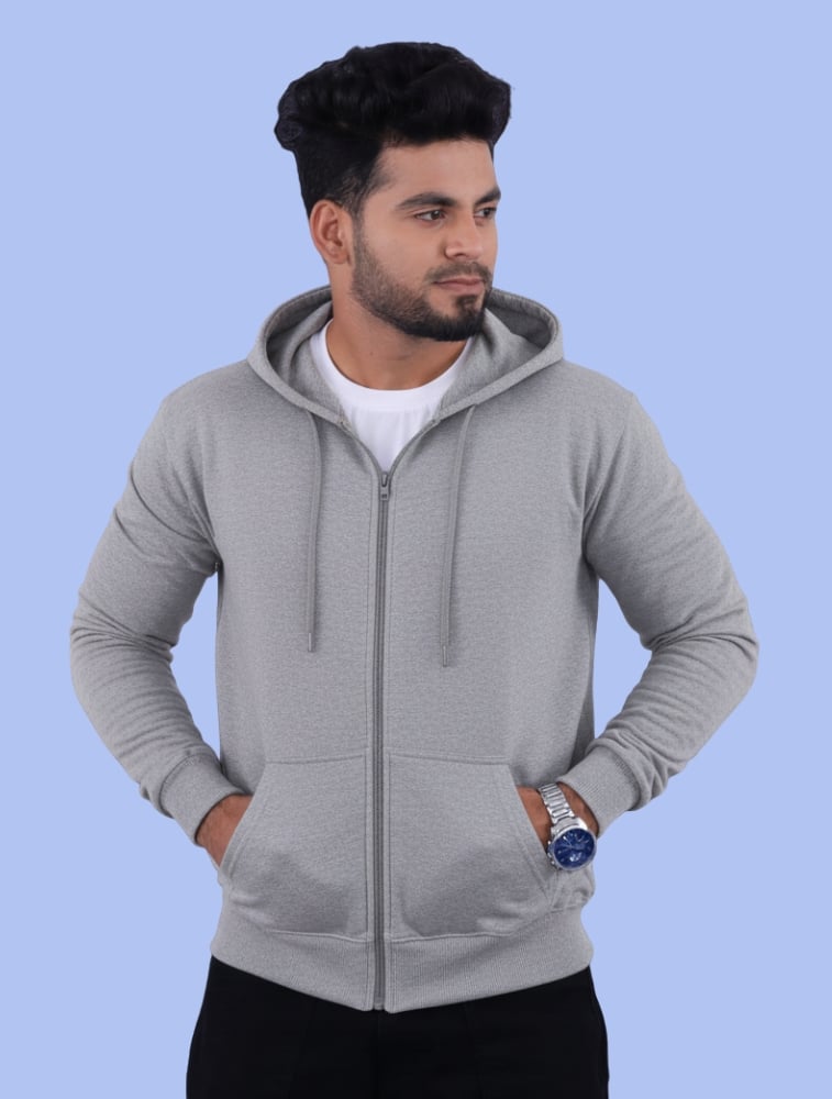 Grey Cotton Hoodie with Zipper 300GSM