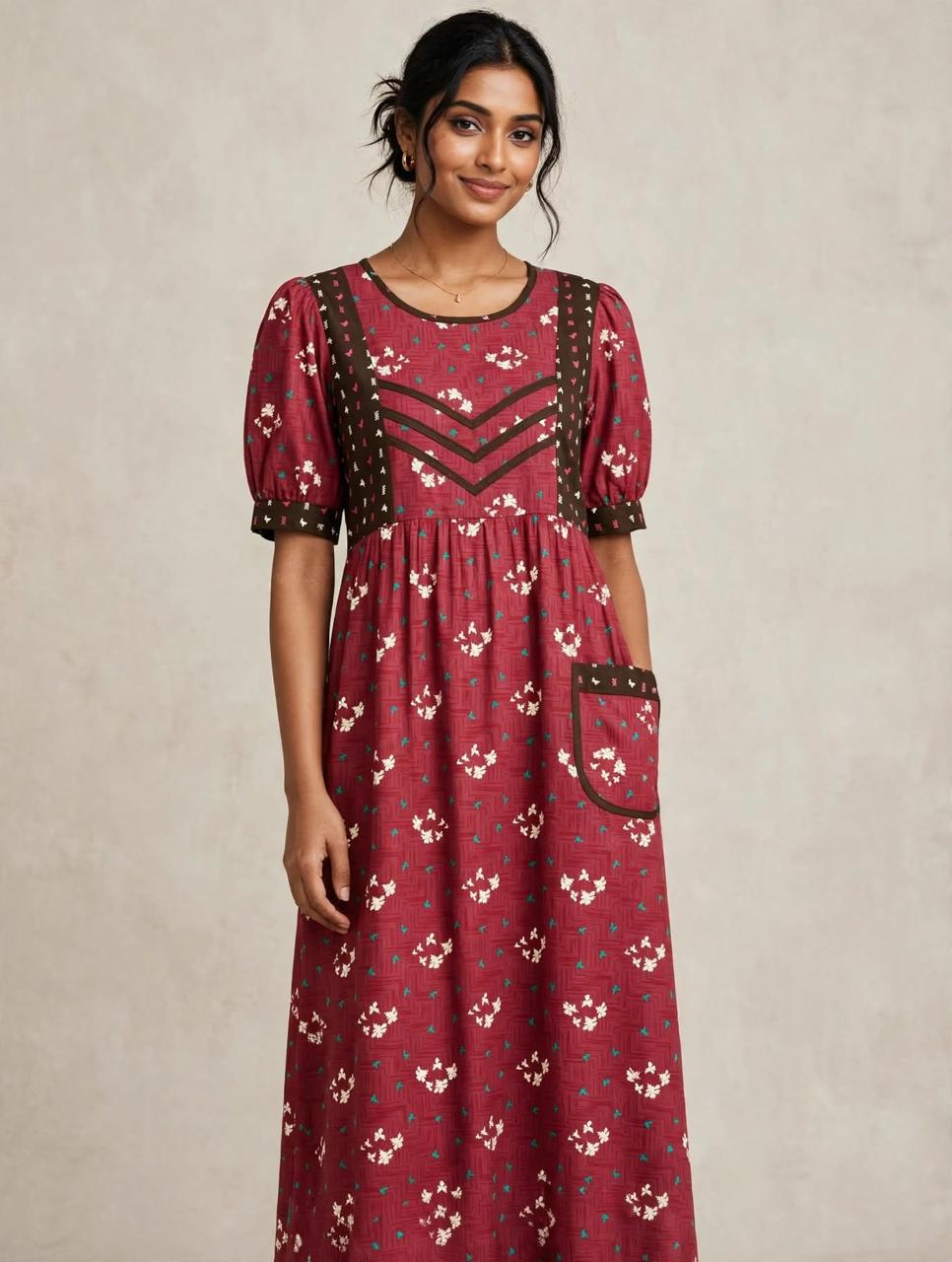 Women's Premium - Frock Nighty With0ut zip,Puff sleeve and front Pocket   - Style 3