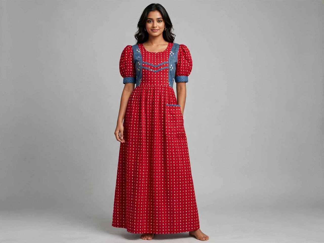 Women's Premium - Frock Nighty With0ut zip,Puff sleeve and front Pocket   - Style 1