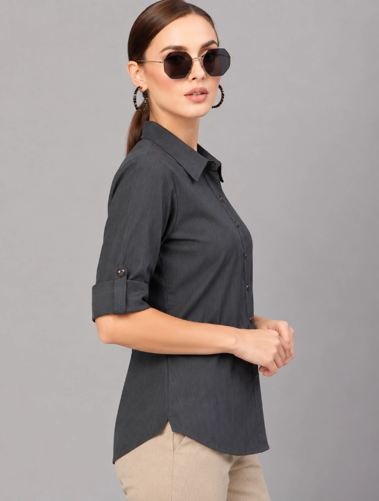 Grey  Women Fit Solid Spread Collar Casual Shirt