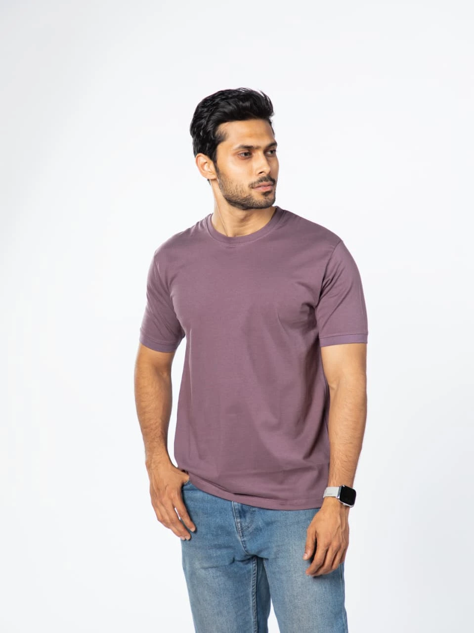 Mauve Cotton Round Neck Cuffed Sleeve 180 GSM Regular Fit T Shirts