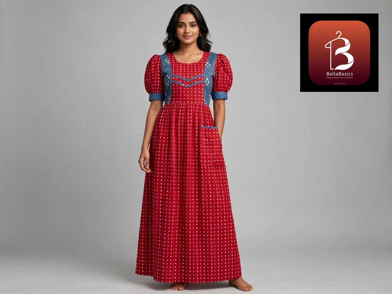 Women's Premium - Frock Nighty With0ut zip,Puff sleeve and front Pocket   - Style 1