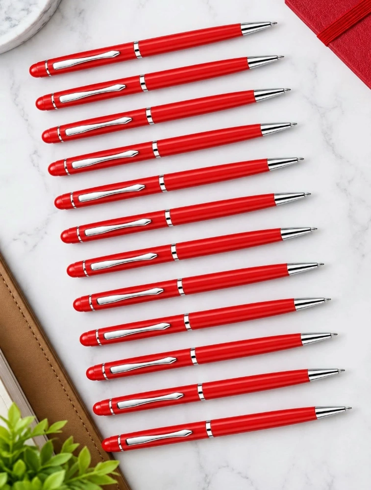 Red Premium Slim Metal Ball Pen with Silver Clip Pack of 12