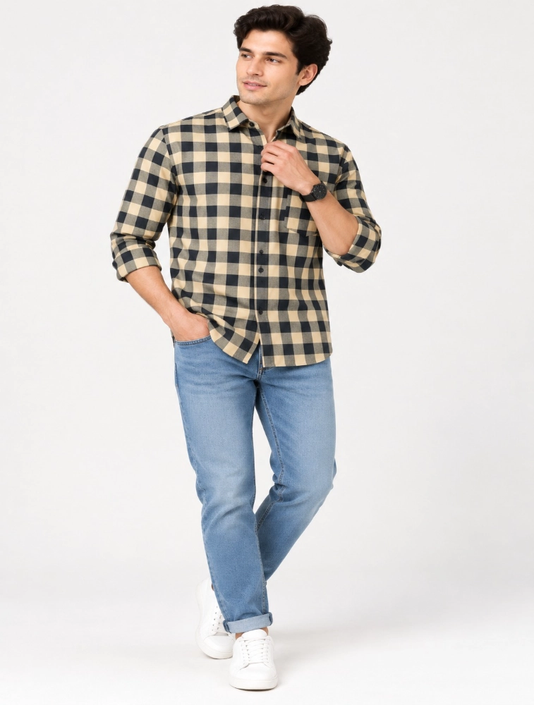 Cream Yellow Mens Slim Fit Checks Casual Shirt