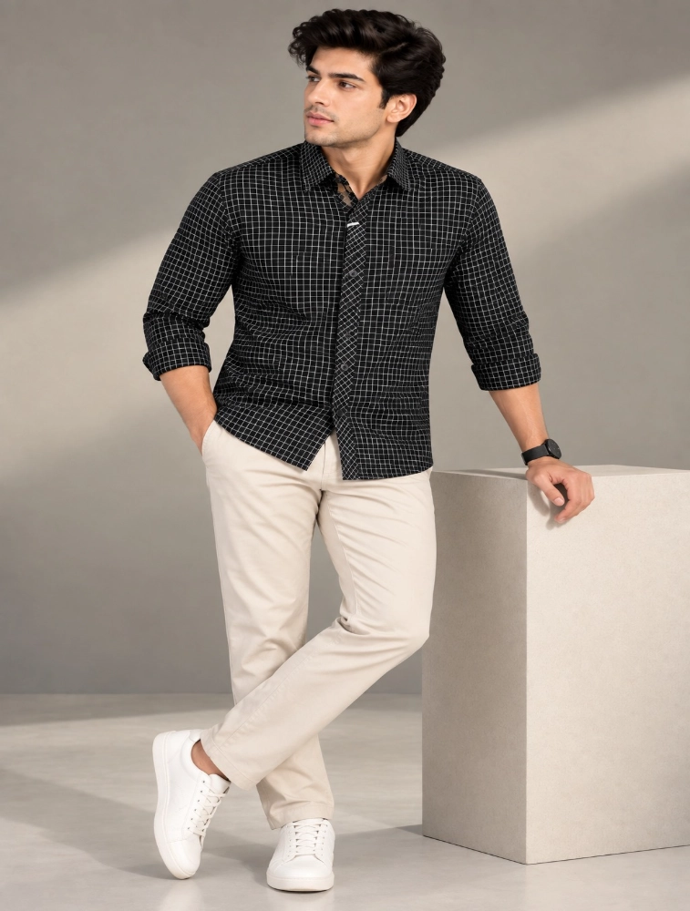 Black Mens Slim Fit Checks Casual Shirt