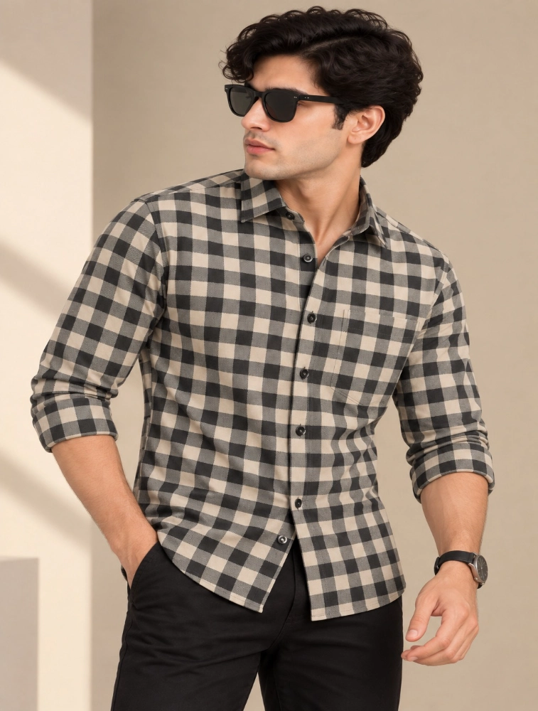 Cream Mens Slim Fit Checks Casual Shirt