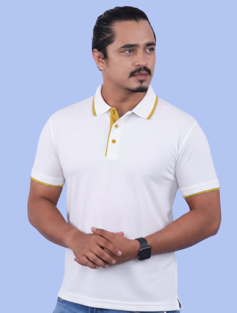White Dri Fit Mars Polo Half Sleeve 200GSM with Golden Yellow Tipping