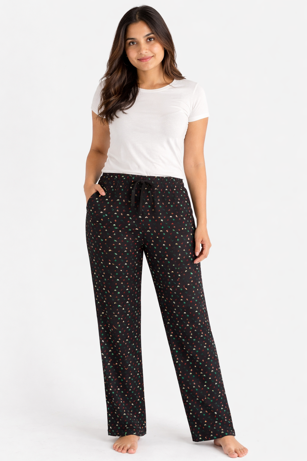Black Womens Floral Printed Polycotton 120 GSM Lounge Pant