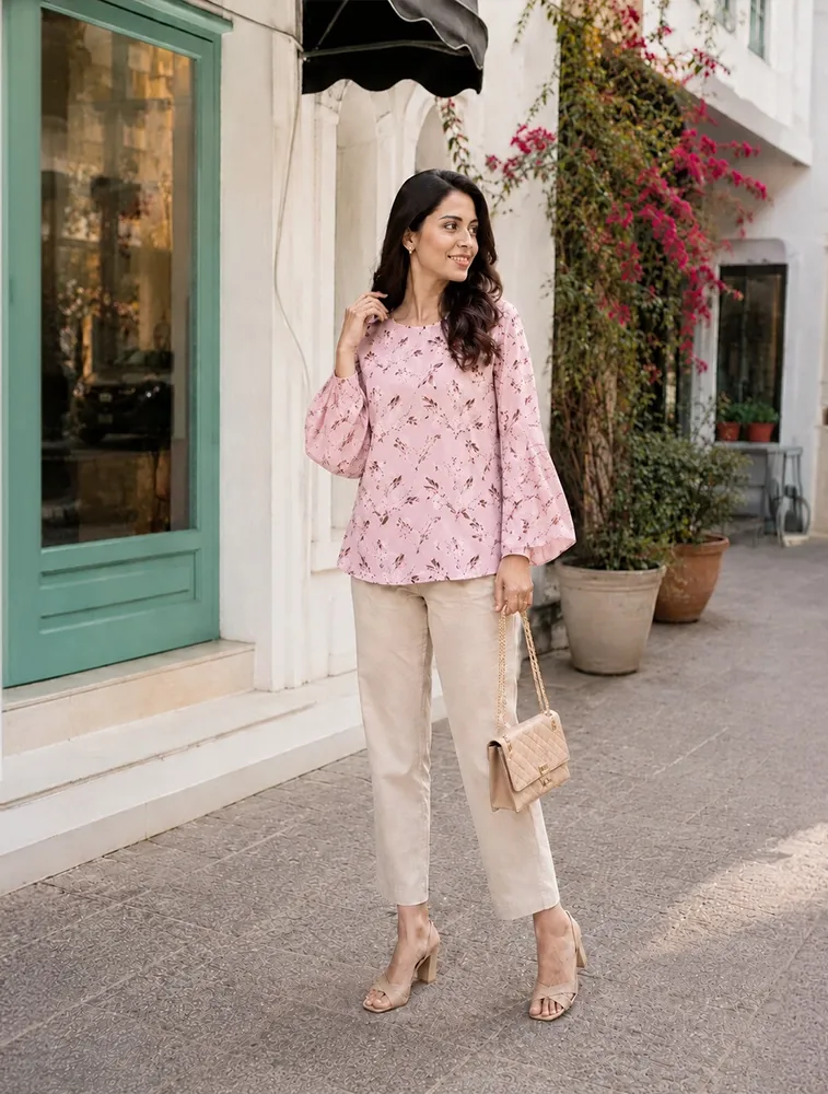 Light Pink Womens Floral Printed Bell Sleeve Top