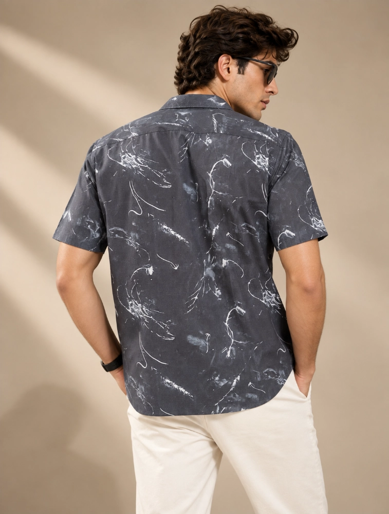 Charcoal Grey Mens 100 percent cotton half sleeve printed shirt