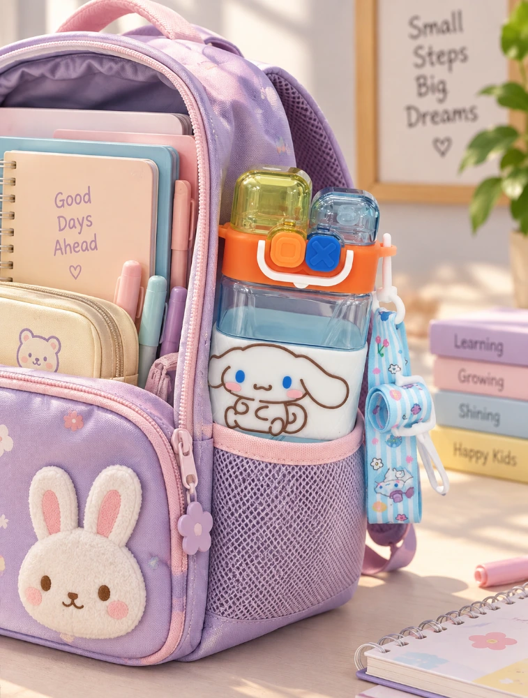 Sewad Blue Kids Cartoon Water Bottle with Straw and Shoulder Strap