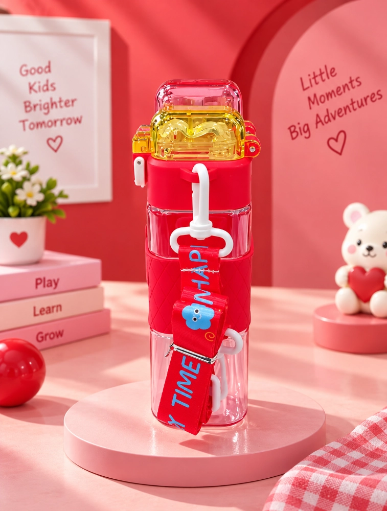 Sewad Red Kids Cartoon Water Bottle with Straw and Shoulder Strap
