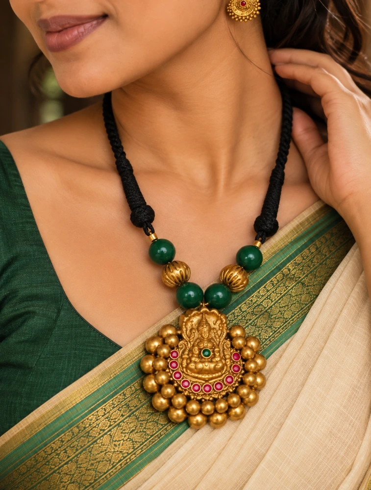 Green Antique Gold Finish Lakshmi Pendant Terracotta Jewellery Set